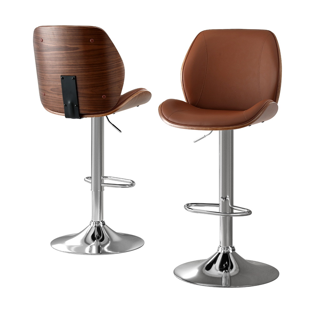 Artiss 2X Bar Stools Bentwood Adjustable Kitchen Counter Chair Leather Brown — image 1
