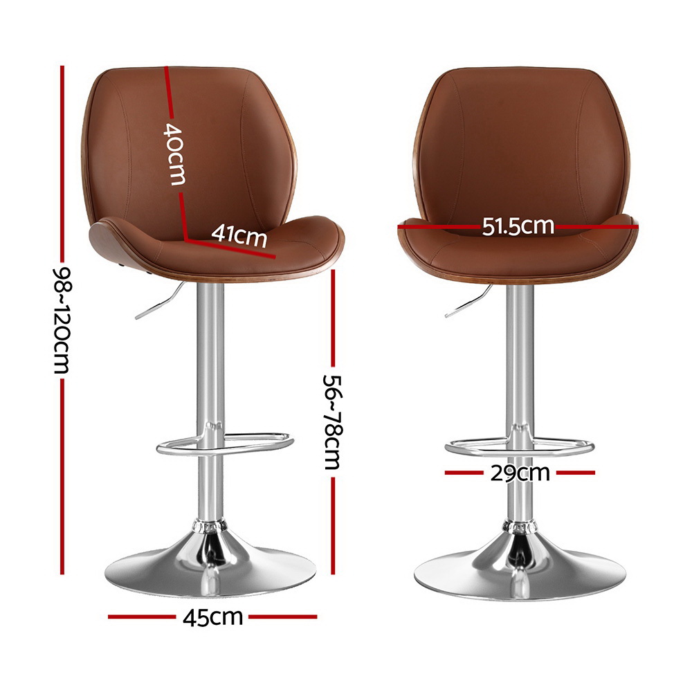 Artiss 2X Bar Stools Bentwood Adjustable Kitchen Counter Chair Leather Brown view 2