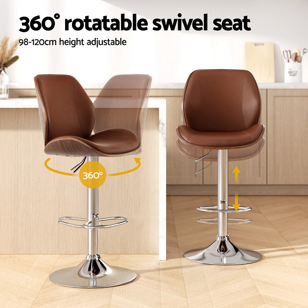 Artiss 2X Bar Stools Bentwood Adjustable Kitchen Counter Chair Leather Brown view 4