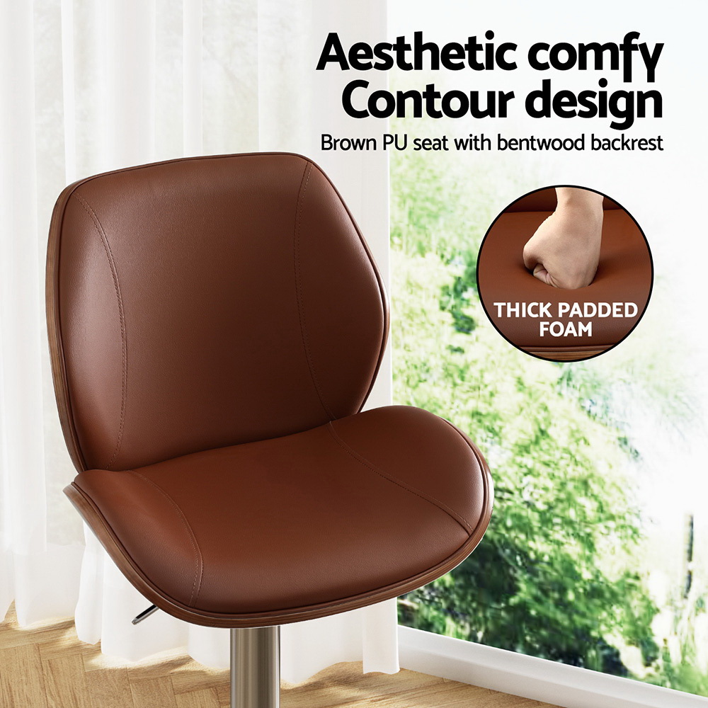 Artiss 2X Bar Stools Bentwood Adjustable Kitchen Counter Chair Leather Brown view 5