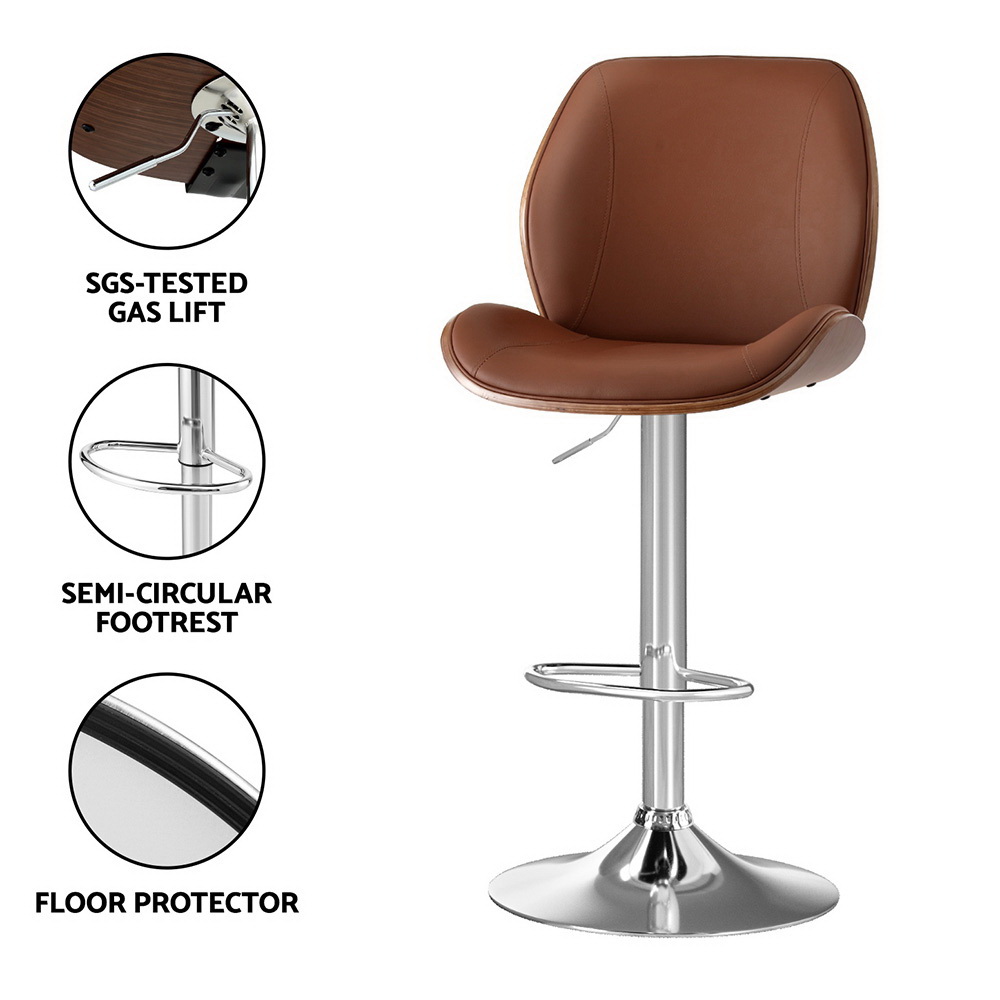 Artiss 2X Bar Stools Bentwood Adjustable Kitchen Counter Chair Leather Brown view 6