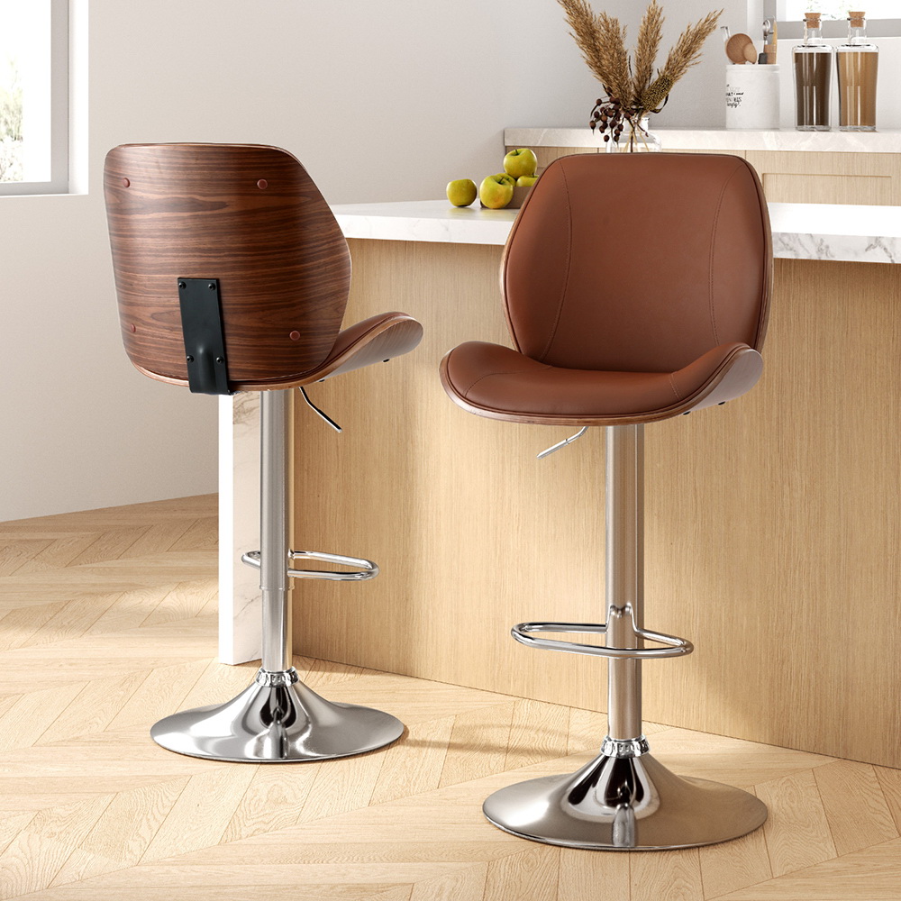 Artiss 2X Bar Stools Bentwood Adjustable Kitchen Counter Chair Leather Brown view 7