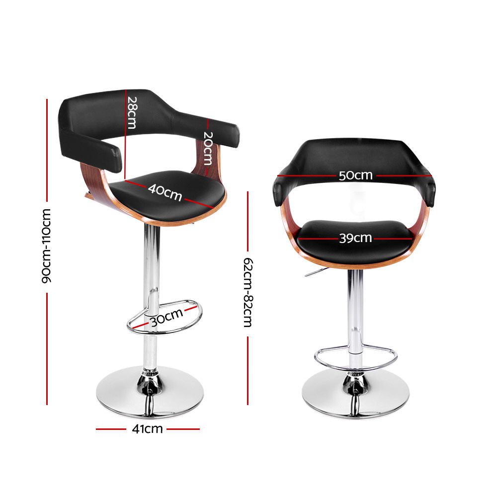 Artiss 2x Bar Stools Gas Lift Leather w/Armrest Black view 2