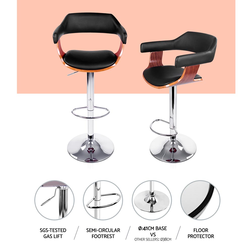 Artiss 2x Bar Stools Gas Lift Leather w/Armrest Black view 5