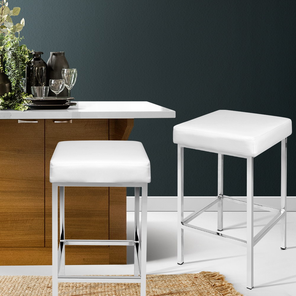 Artiss 2x Bar Stools Leather Padded Metal White view 7