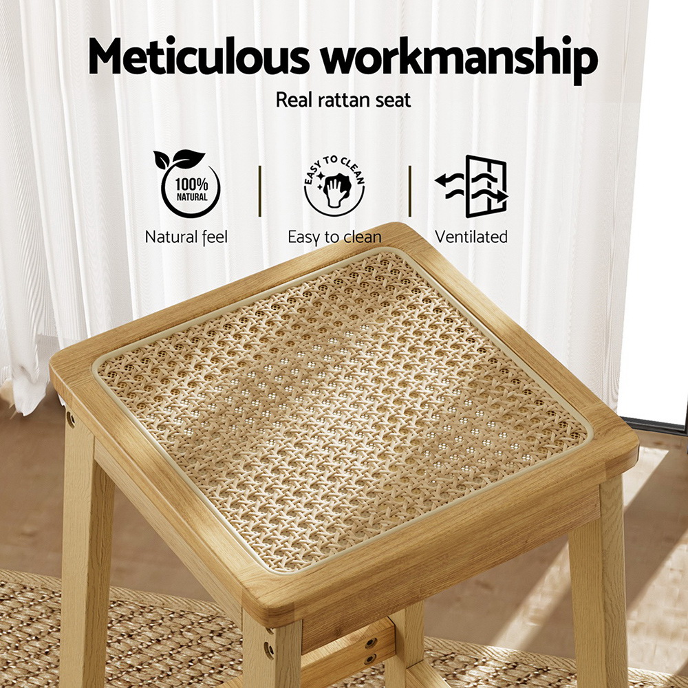 Artiss 2x Bar Stools Rubber Wood Stool Counter Chair Rattan Barstools Kitchen view 4