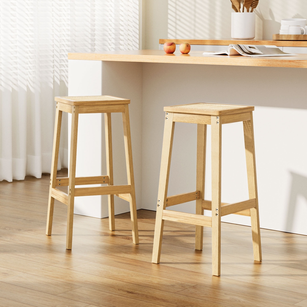 Artiss 2x Bar Stools Rubber Wood Stool Counter Chair Rattan Barstools Kitchen view 7