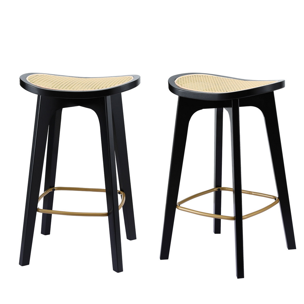 Artiss 2x Bar Stools Rattan Counter Kitchen Dinning Chair Bamboo Saddle Black — image 1
