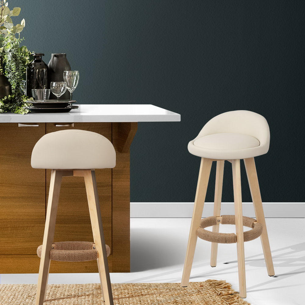 Artiss 2x Bar Stools Padded Leather Wooden Beige view 7