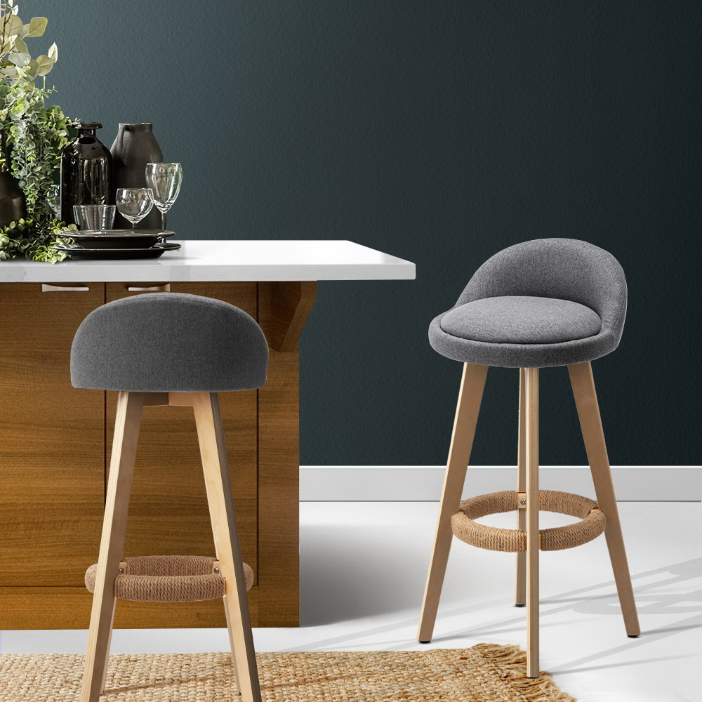 Artiss 2x Bar Stools Padded Linen Wooden Grey view 7