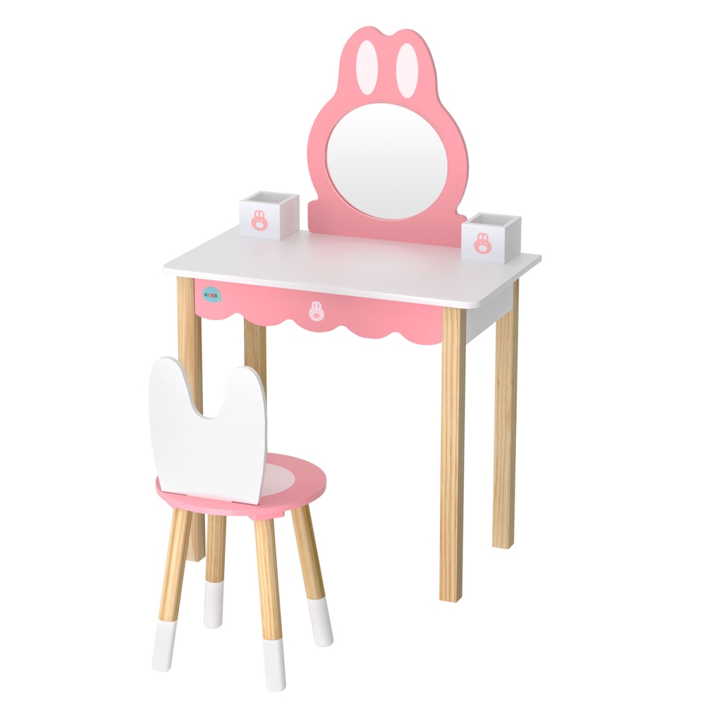 1 Set of Keezi Kids Dressing Table Wooden Bunny Pink view 3