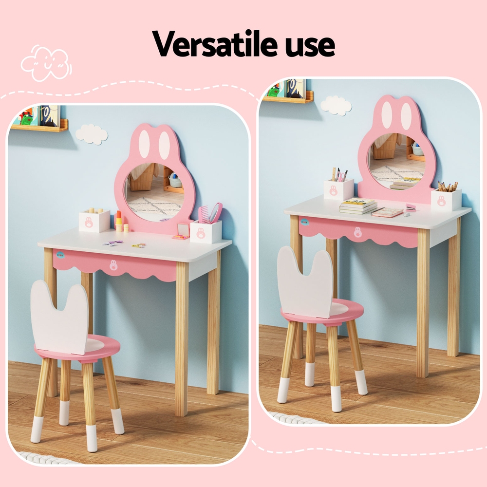 1 Set of Keezi Kids Dressing Table Wooden Bunny Pink view 6