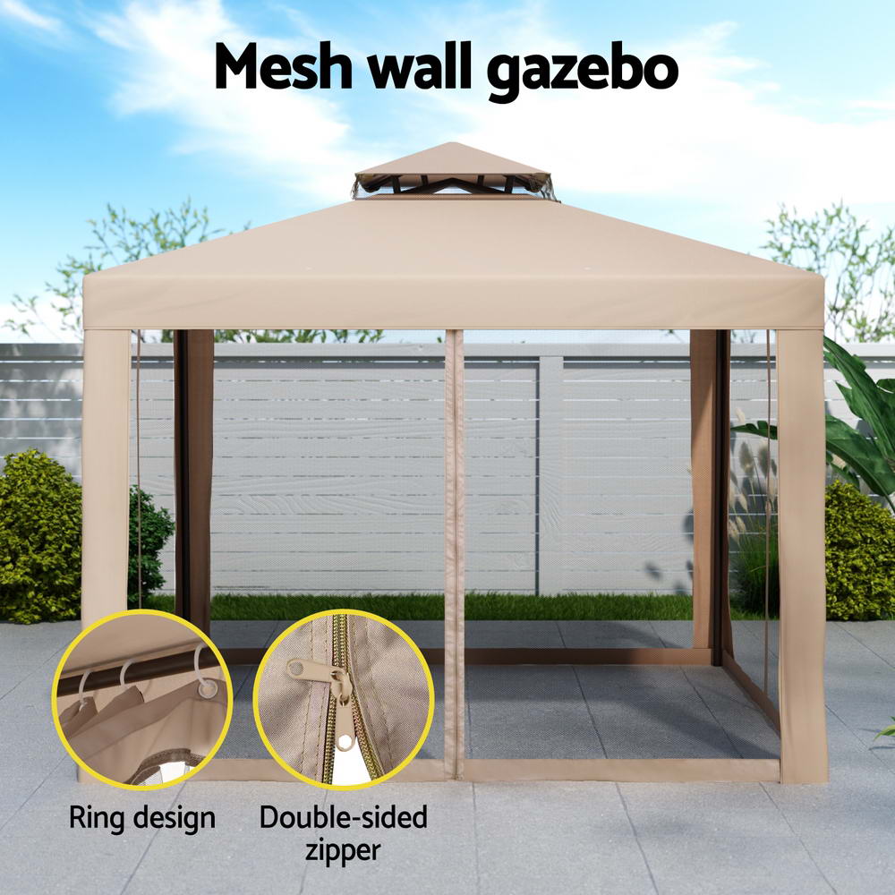 Instahut Gazebo Marquee 3m Outdoor Event Tent Camping Party Mesh Wall Canopy Brown view 4