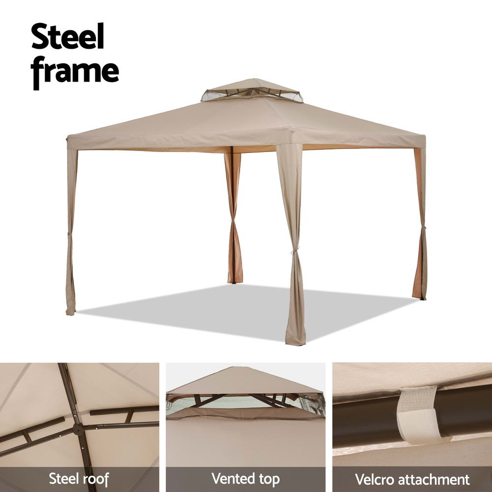 Instahut Gazebo Marquee 3m Outdoor Event Tent Camping Party Mesh Wall Canopy Brown view 6
