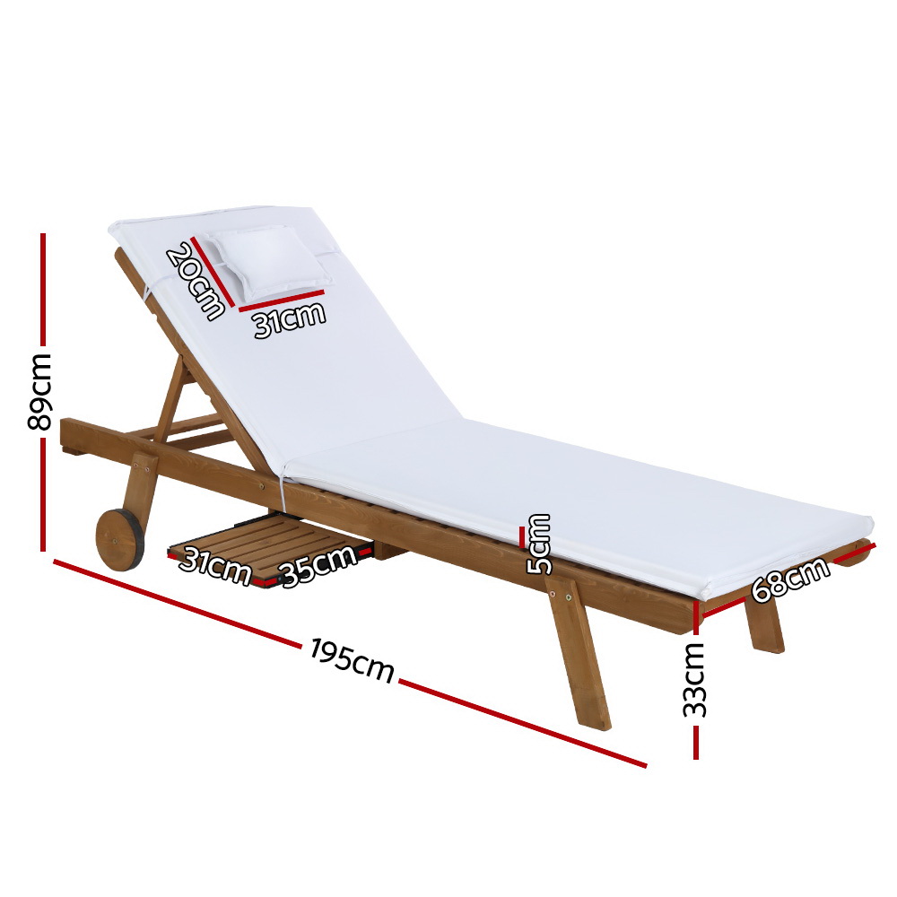 Gardeon 2x Sun Lounge Wooden Lounger Outdoor Furniture Day Bed Wheel Patio White view 2