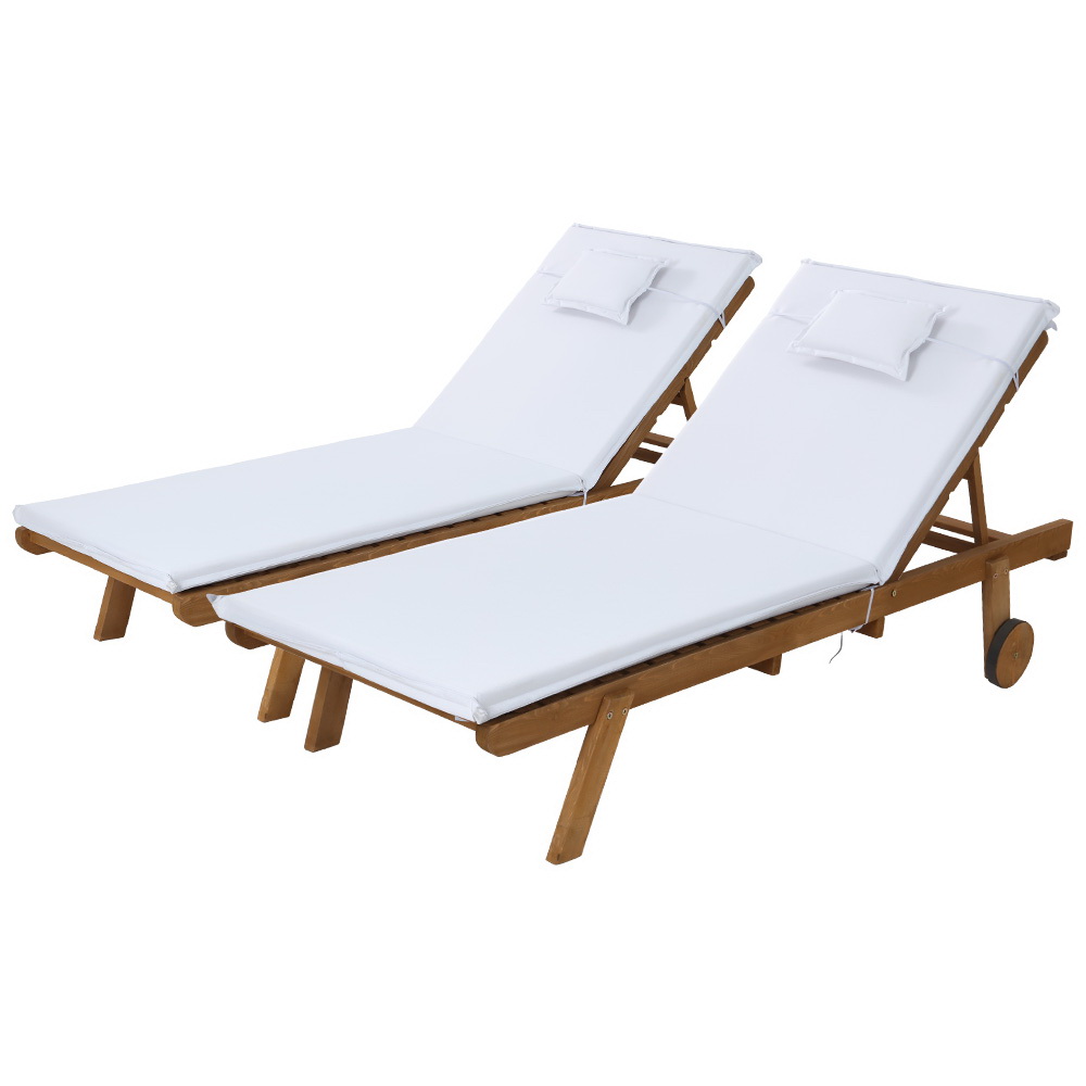 Gardeon 2x Sun Lounge Wooden Lounger Outdoor Furniture Day Bed Wheel Patio White view 7