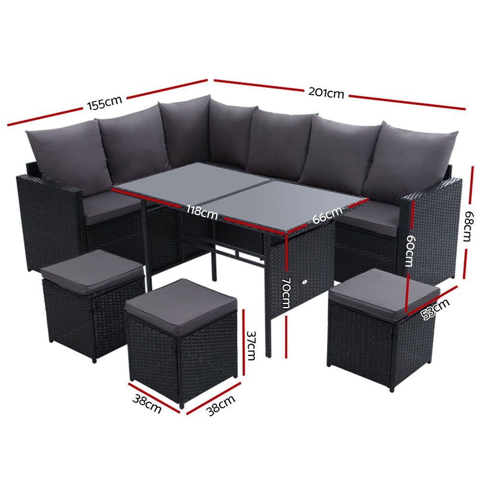 Gardeon Outdoor Furniture Dining Setting Sofa Set Lounge Wicker 9 Seater Black view 2