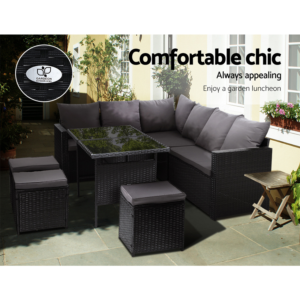 Gardeon Outdoor Furniture Dining Setting Sofa Set Lounge Wicker 9 Seater Black view 3