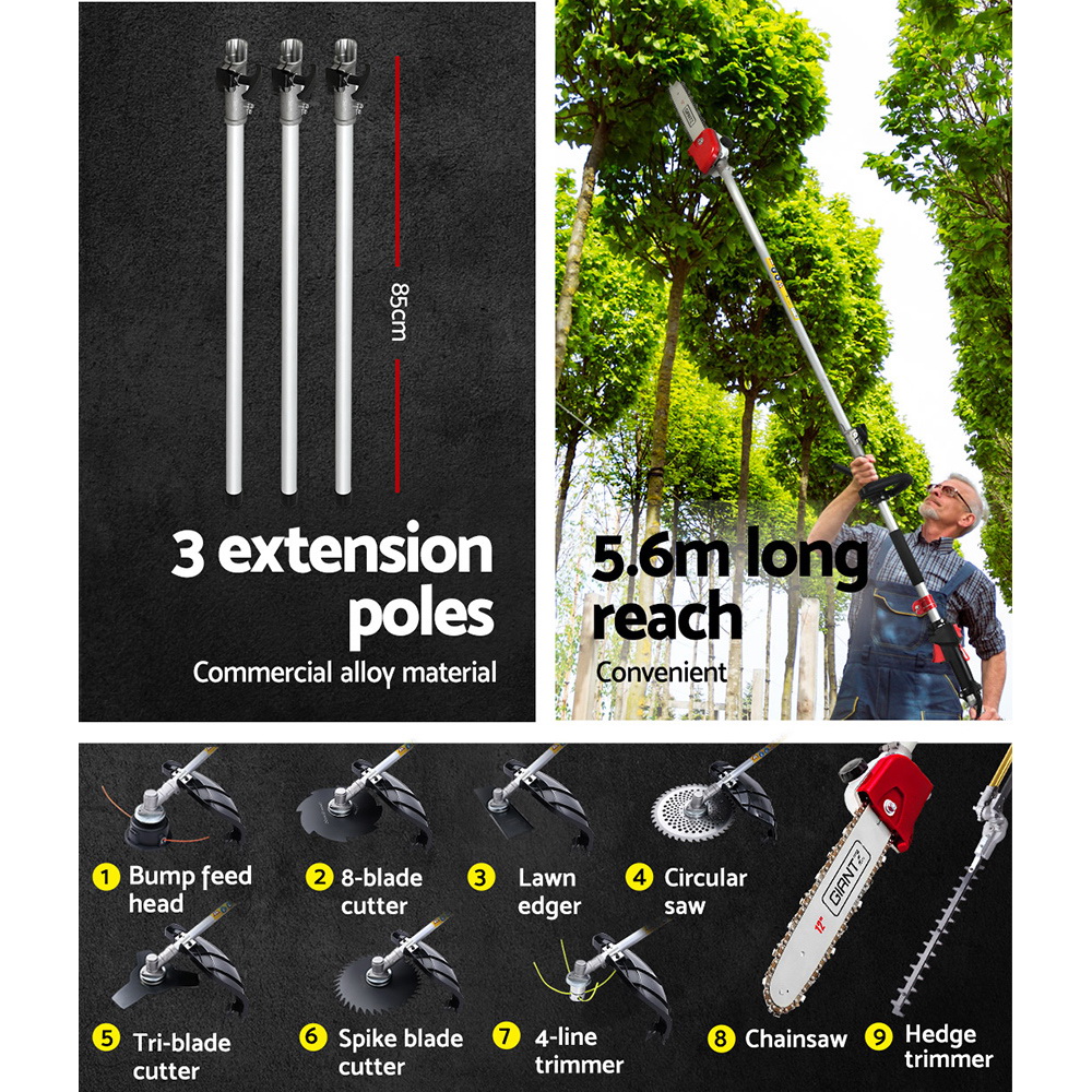 Giantz 62CC Pole Chainsaw Hedge Trimmer Brush Cutter Whipper 9-in-1 5.6m Red view 6