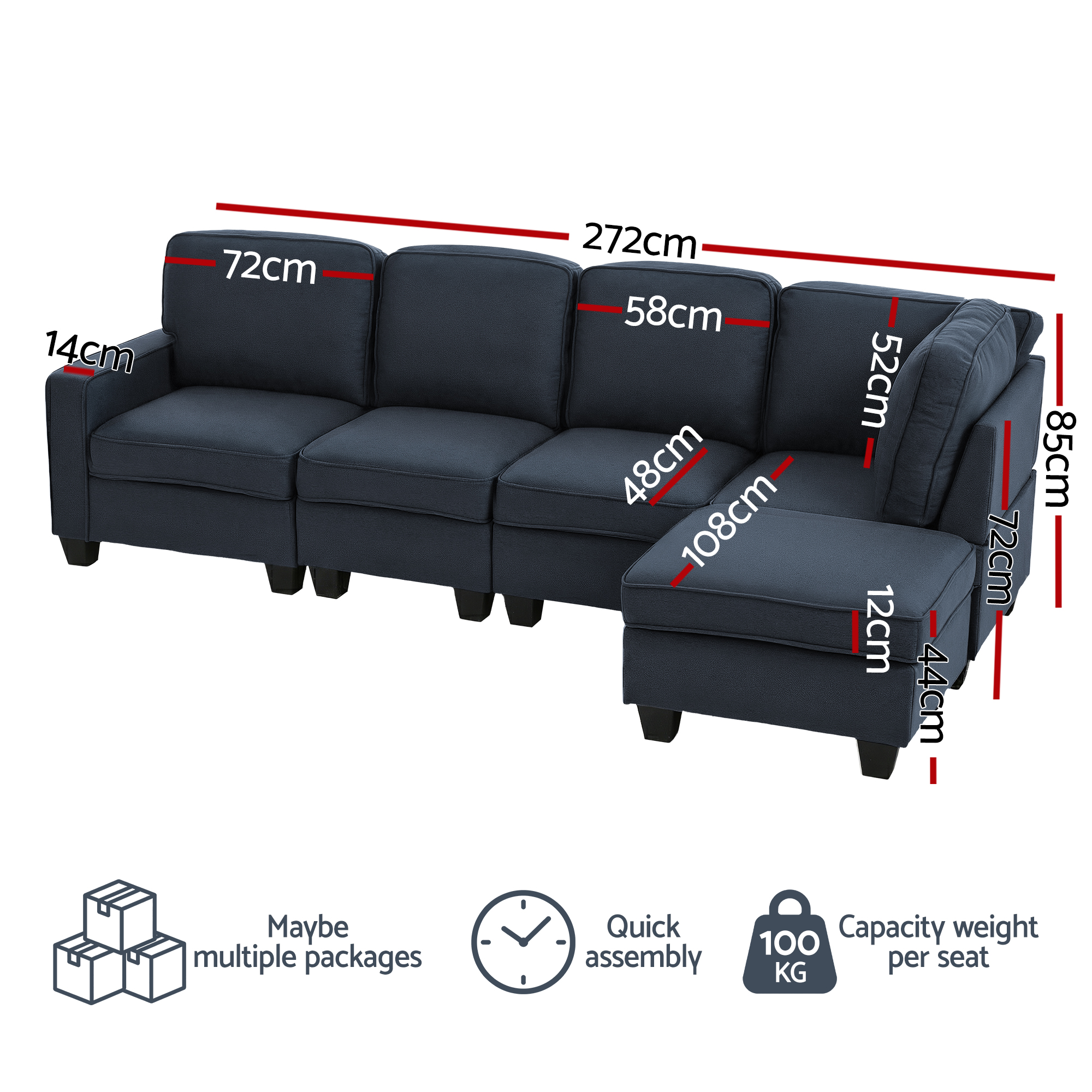 Artiss Modular Sofa Chaise Set 5-seater Dark Grey view 2