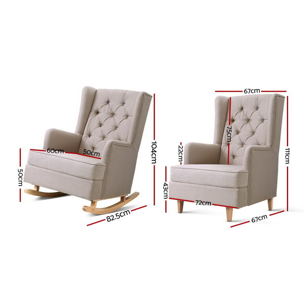 Artiss Rocking Chair Armchair Linen Fabric Beige Gaia view 2
