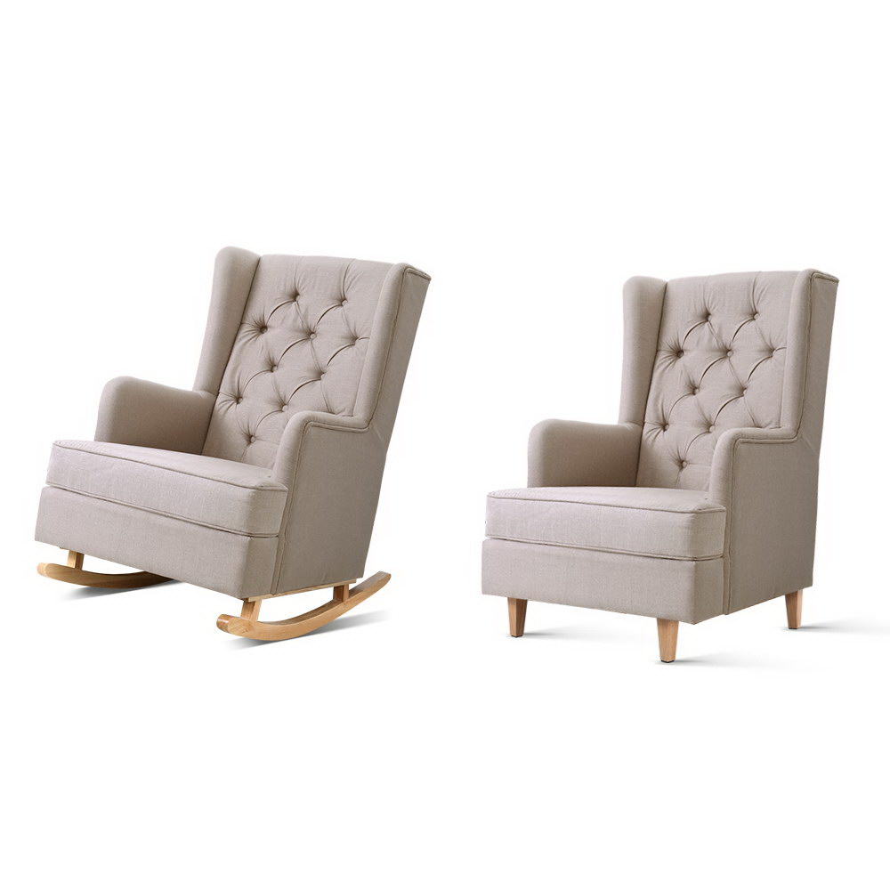 Artiss Rocking Chair Armchair Linen Fabric Beige Gaia view 3