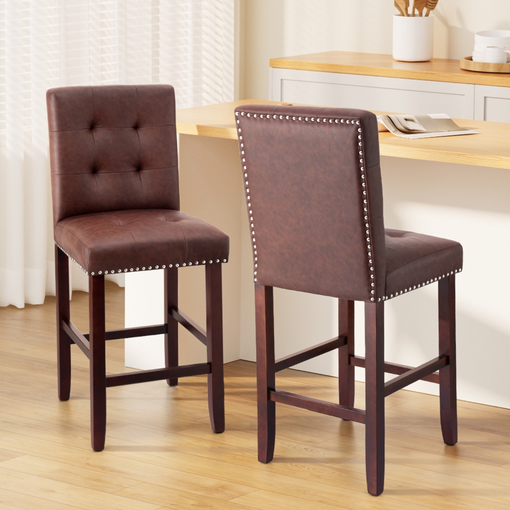 Artiss 2x Bar Stools Kitchen Dining Chairs Counter PU Leather Wooden Ada Brown view 7