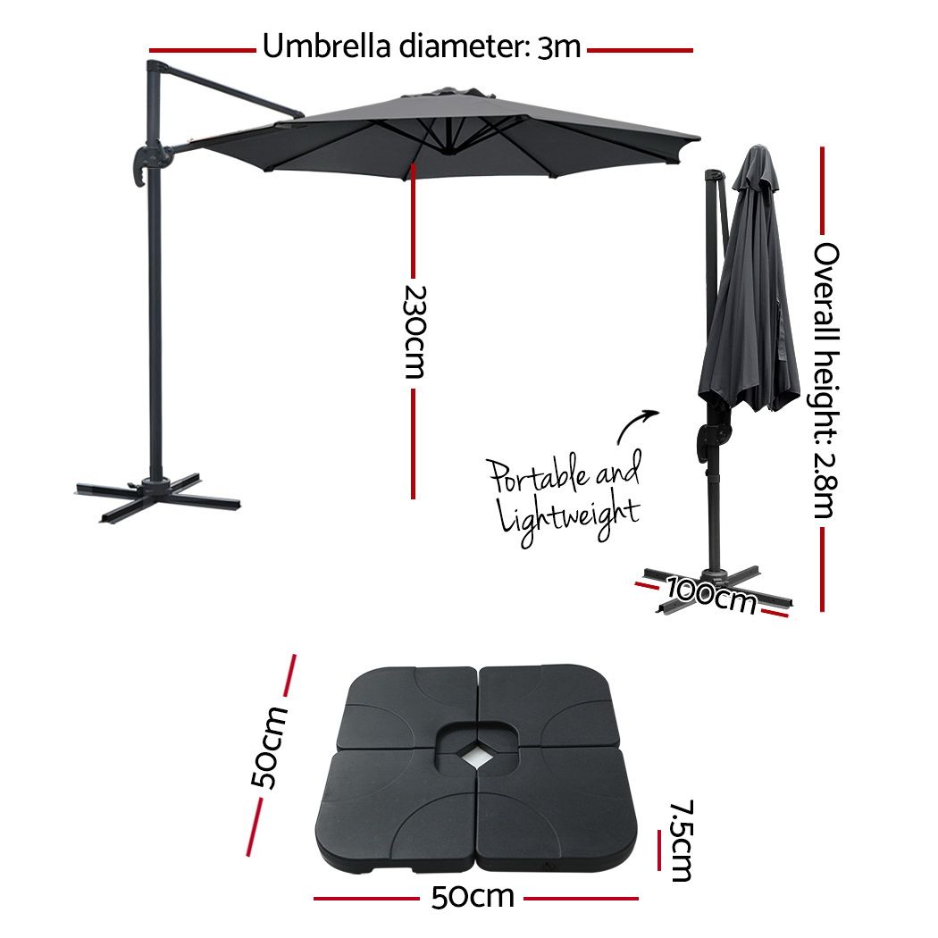Instahut 3m Outdoor Umbrella w/Base Cantilever Beach Roma 360 Degree Tilt Charcoal view 2