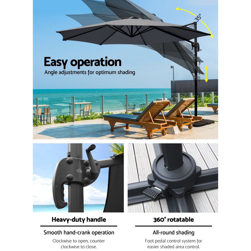 Instahut 3m Outdoor Umbrella w/Base Cantilever Beach Roma 360 Degree Tilt Charcoal view 5