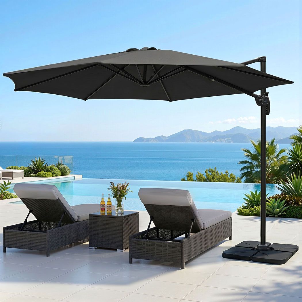 Instahut 3m Outdoor Umbrella w/Base Cantilever Beach Roma 360 Degree Tilt Charcoal view 8
