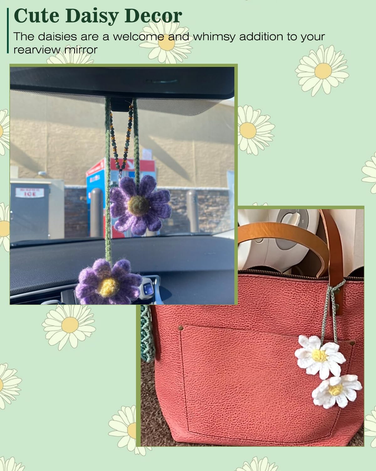 Crochet Daisy Auto Parts Women Cute Rearview Mirror Charm Crafted Daisy Flower view 4