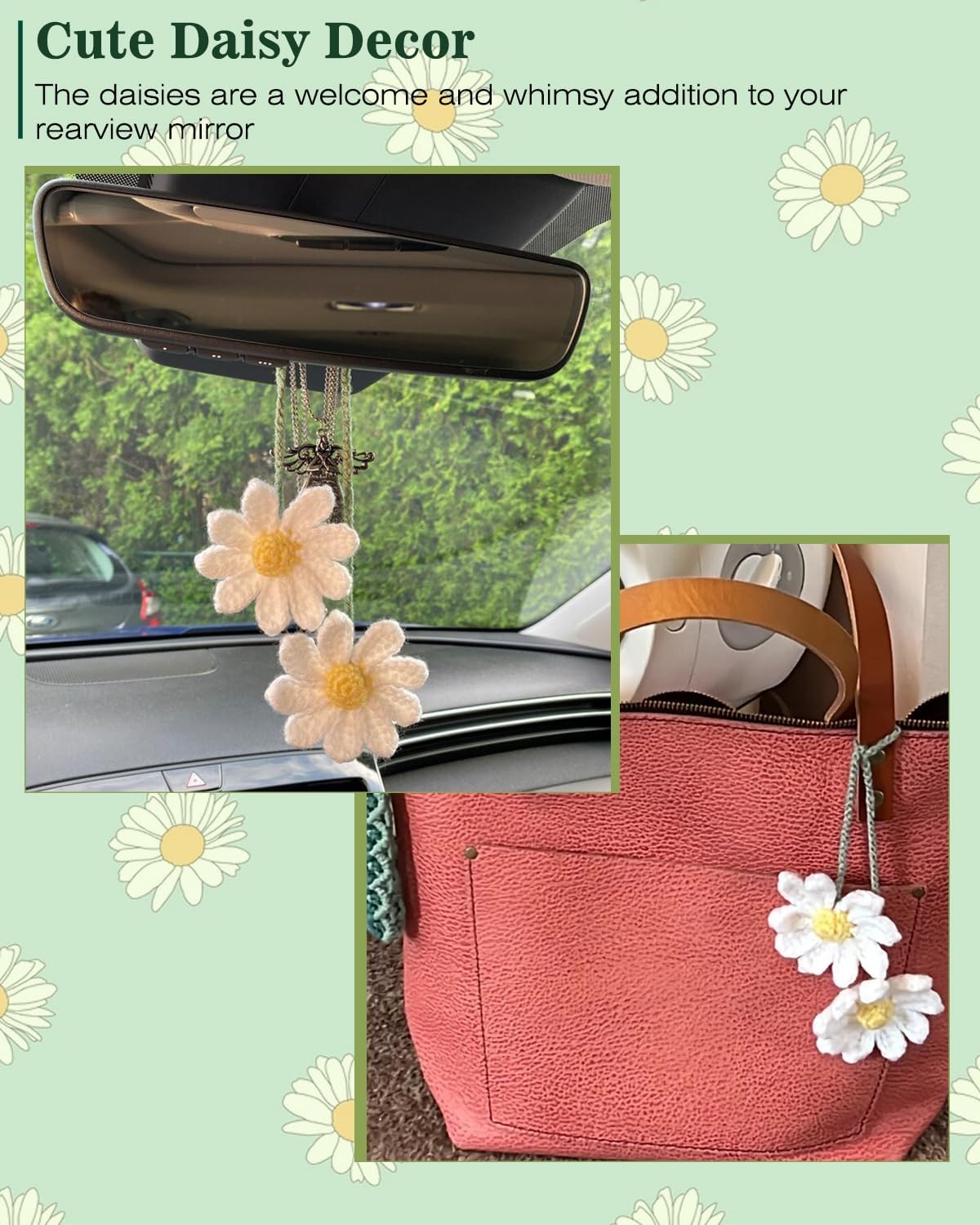 Crochet Daisy Auto Accessories Women Cute Rearview Mirror Charm Crafted Daisy view 4