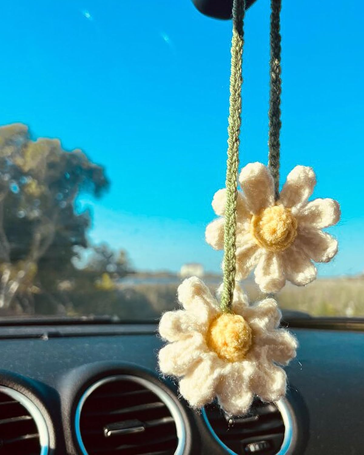 Crochet Daisy Auto Accessories Women Cute Rearview Mirror Charm Crafted Daisy view 6