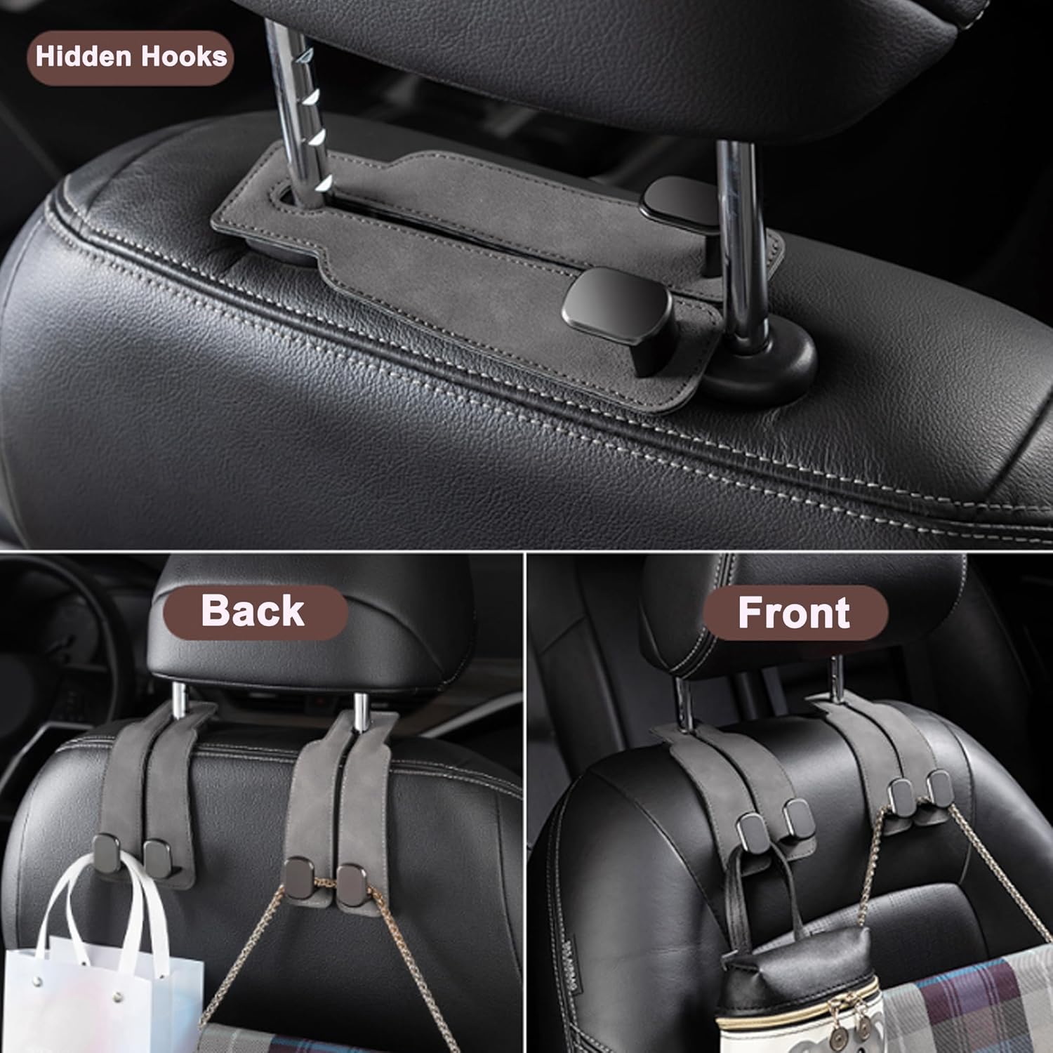 Car Headrest Hook, Car Hook for Wallet & Bag, Car Wallet Hook (Grey - Pack of 2) view 5