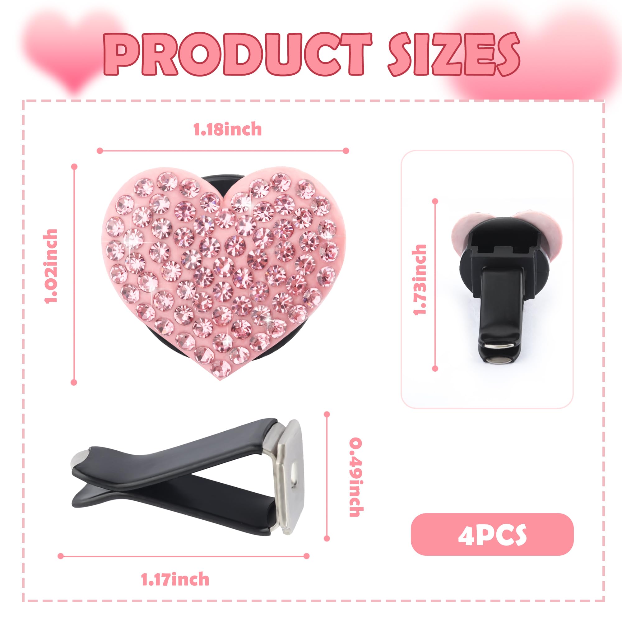 4PCS Heart-Shaped Car Vent Clips with Rhinestone view 2