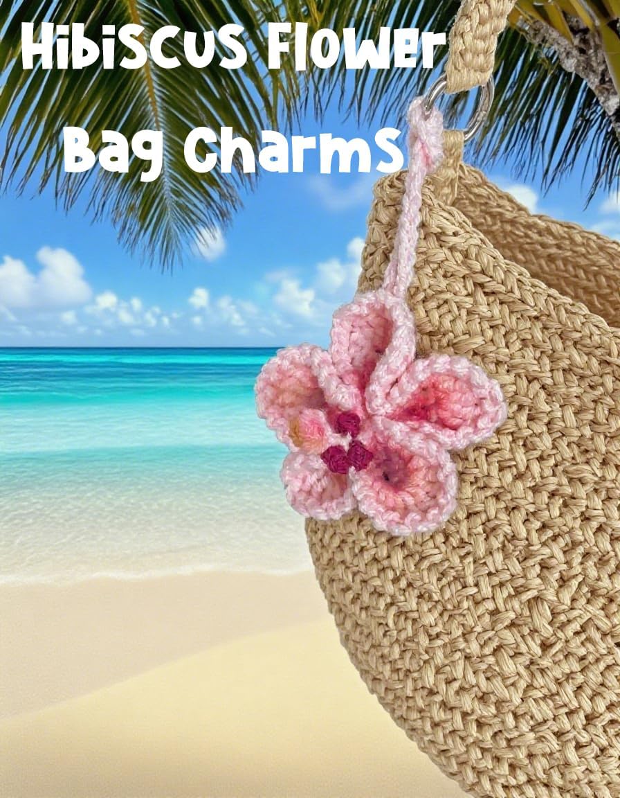 Hibiscus Car Ornaments, Crochet Hawaiian Tropical Flower Bag Charms Decoration view 3