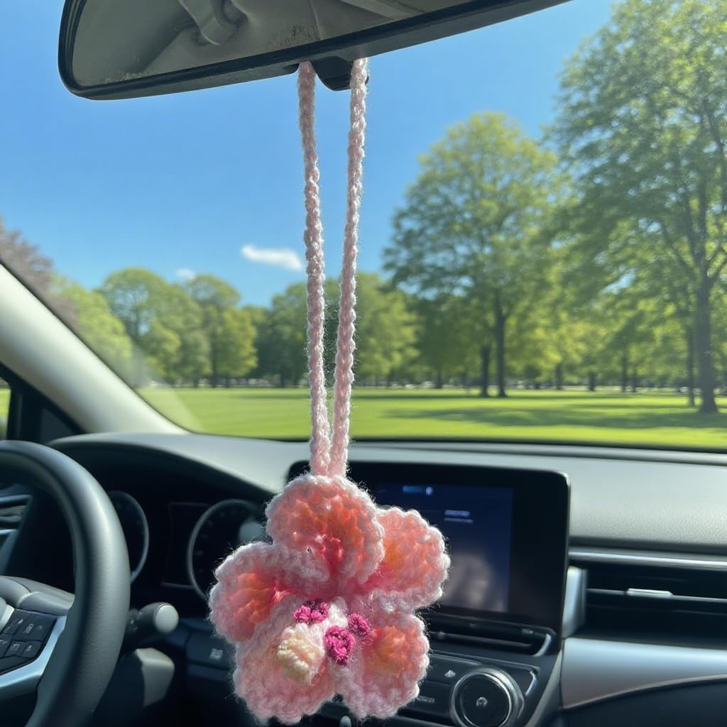 Hibiscus Car Ornaments, Crochet Hawaiian Tropical Flower Bag Charms Decoration view 5