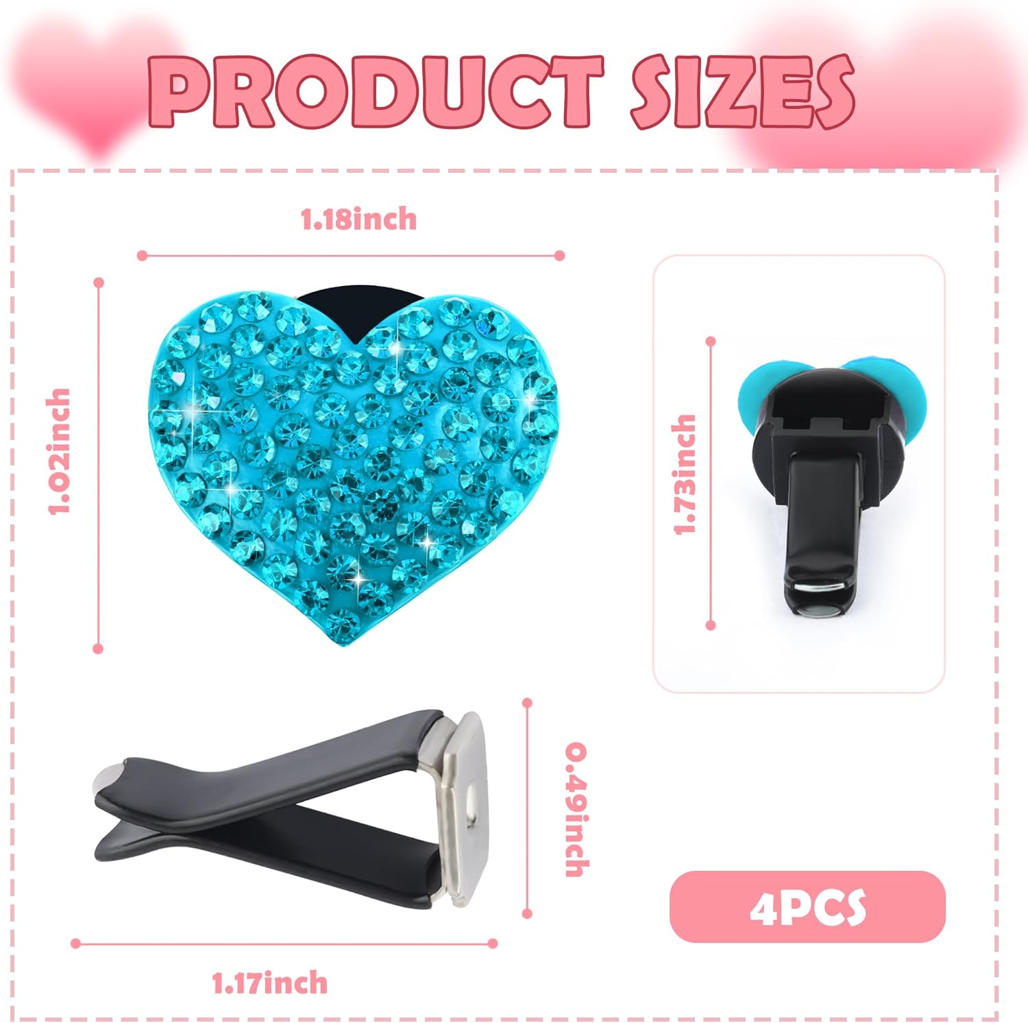4PCS Heart-Shaped Car Vent Clips with Rhinestone view 2