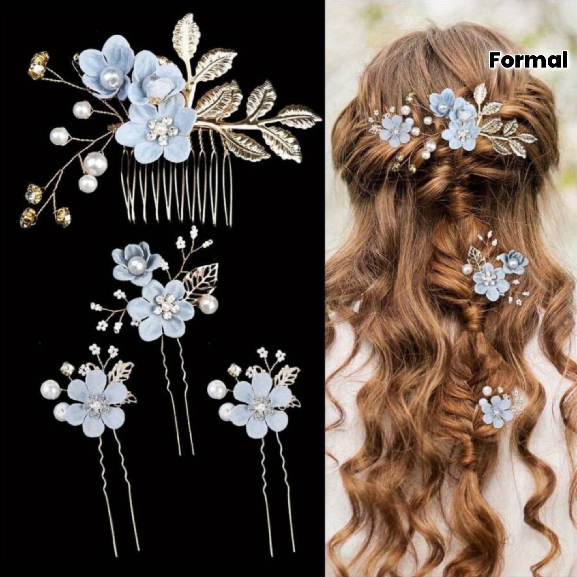 BLUE 4-Piece Elegant Light Luxury Pearl Flower Hair Accessories Set view 4