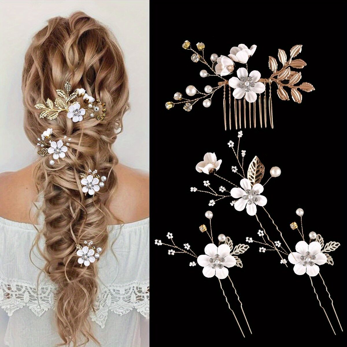 BLUE 4-Piece Elegant Light Luxury Pearl Flower Hair Accessories Set view 5