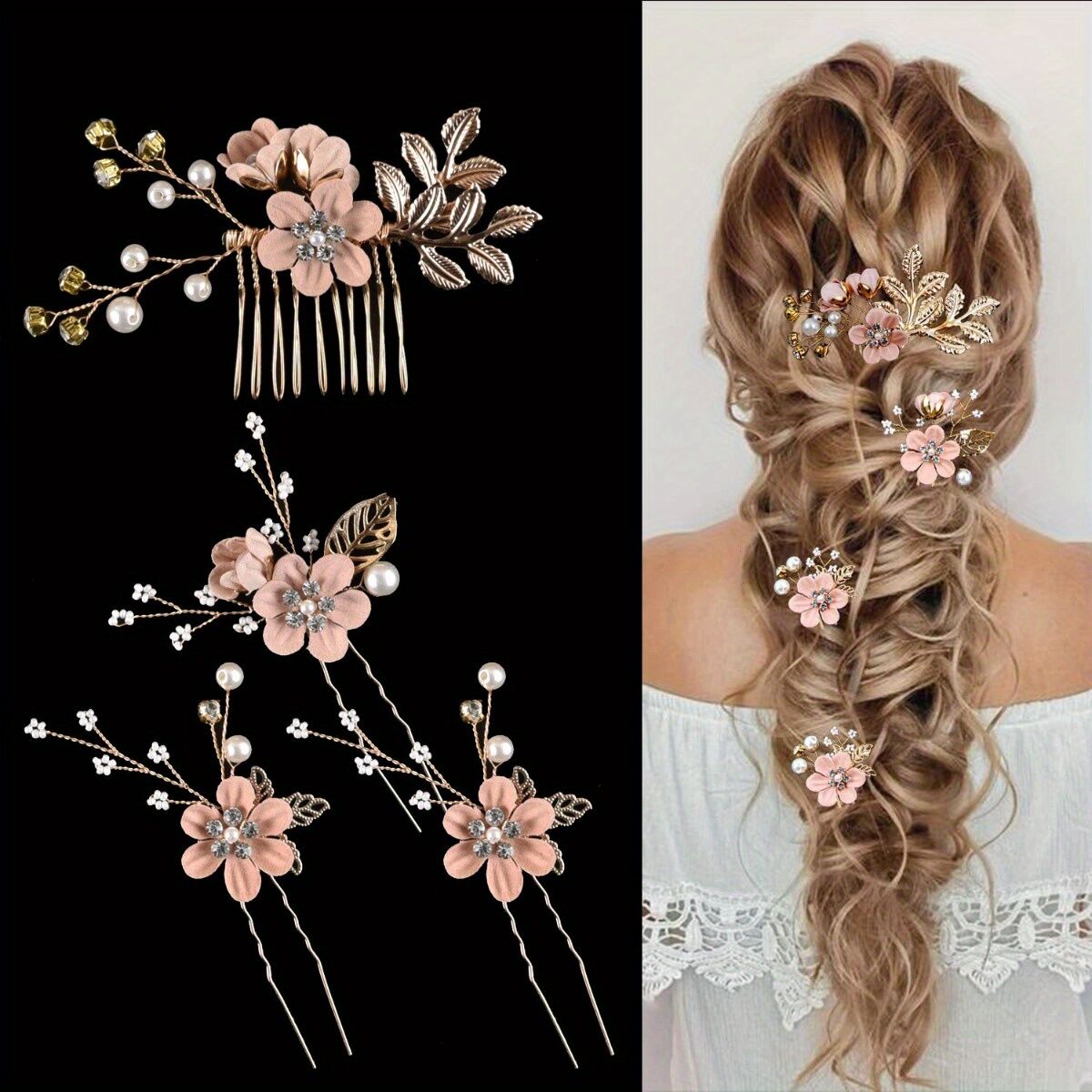 BLUE 4-Piece Elegant Light Luxury Pearl Flower Hair Accessories Set view 6