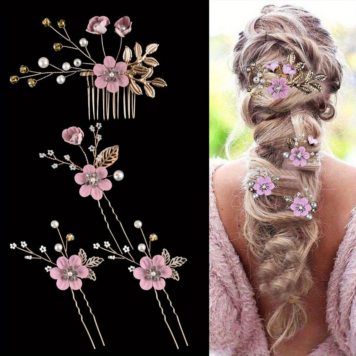 BLUE 4-Piece Elegant Light Luxury Pearl Flower Hair Accessories Set view 7