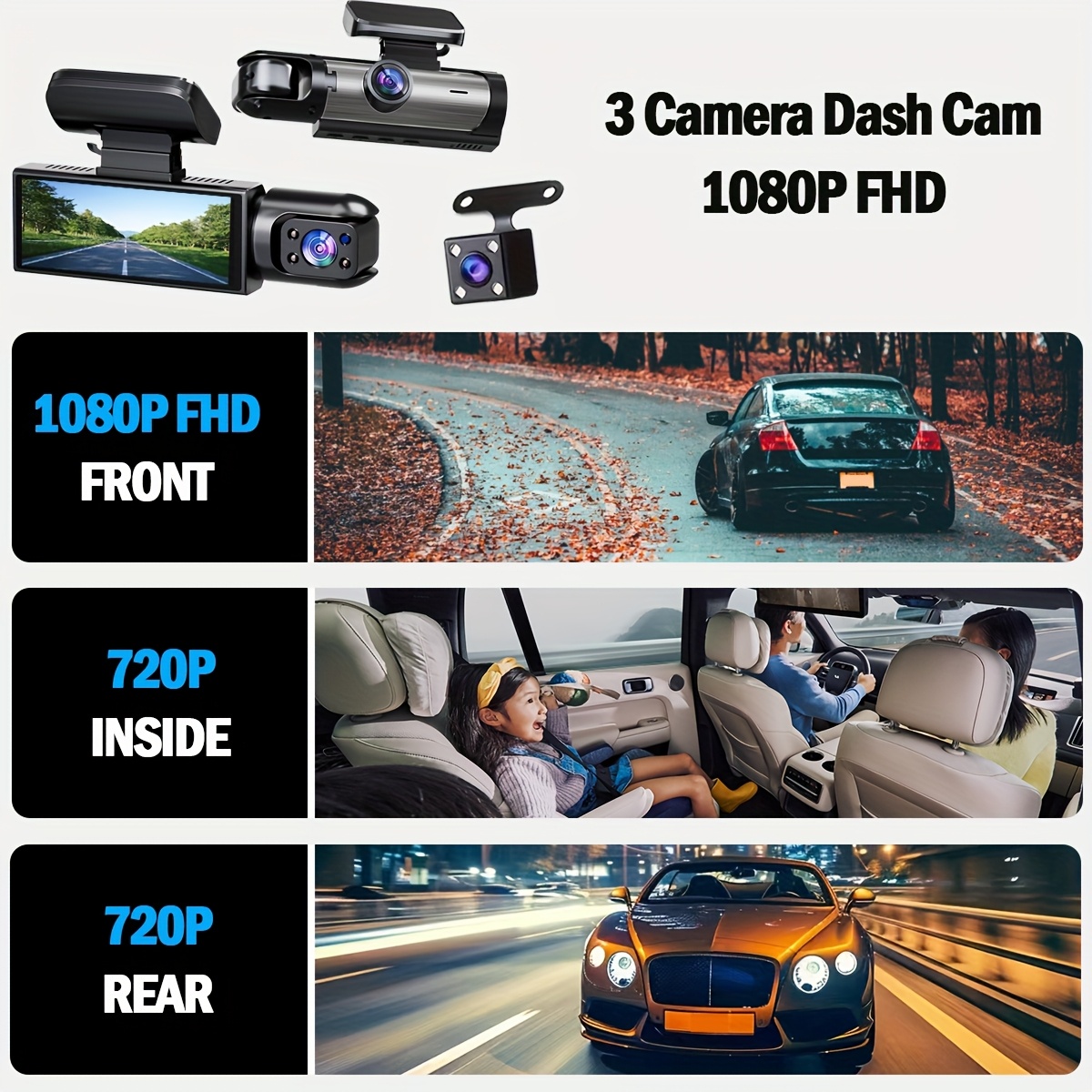 Super Memory Triple Cam Dash Cam! 32GB storage + 1080P HD triple lens view 3