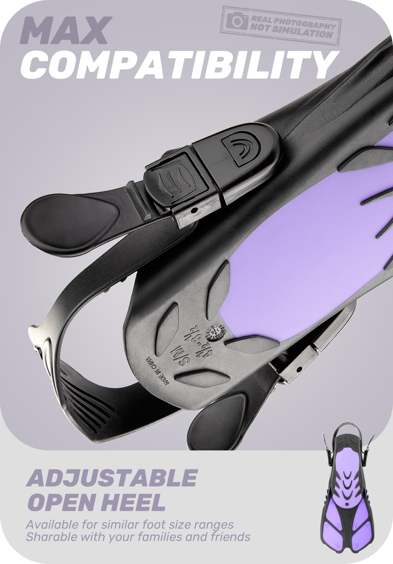 Purple Adjustable Open Heel Snorkel Fins view 2