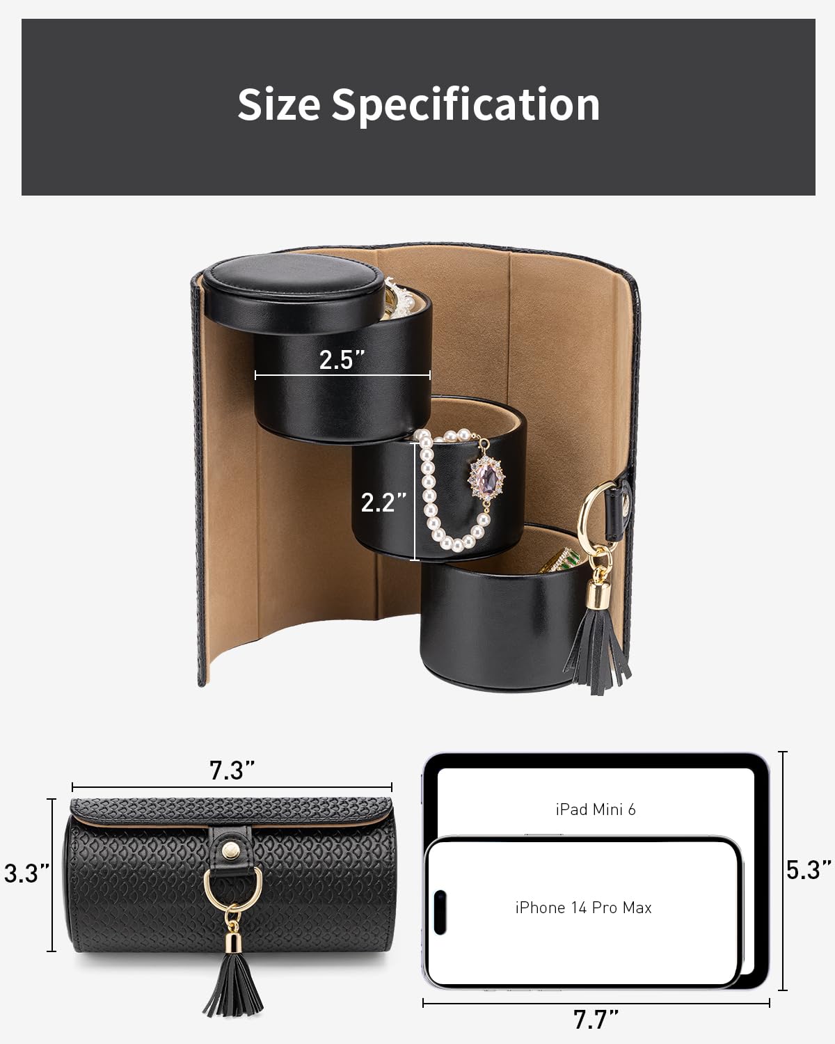 Black Travel Jewelry Case: 3-Layer PU Cylinder Organizer for Necklaces view 4