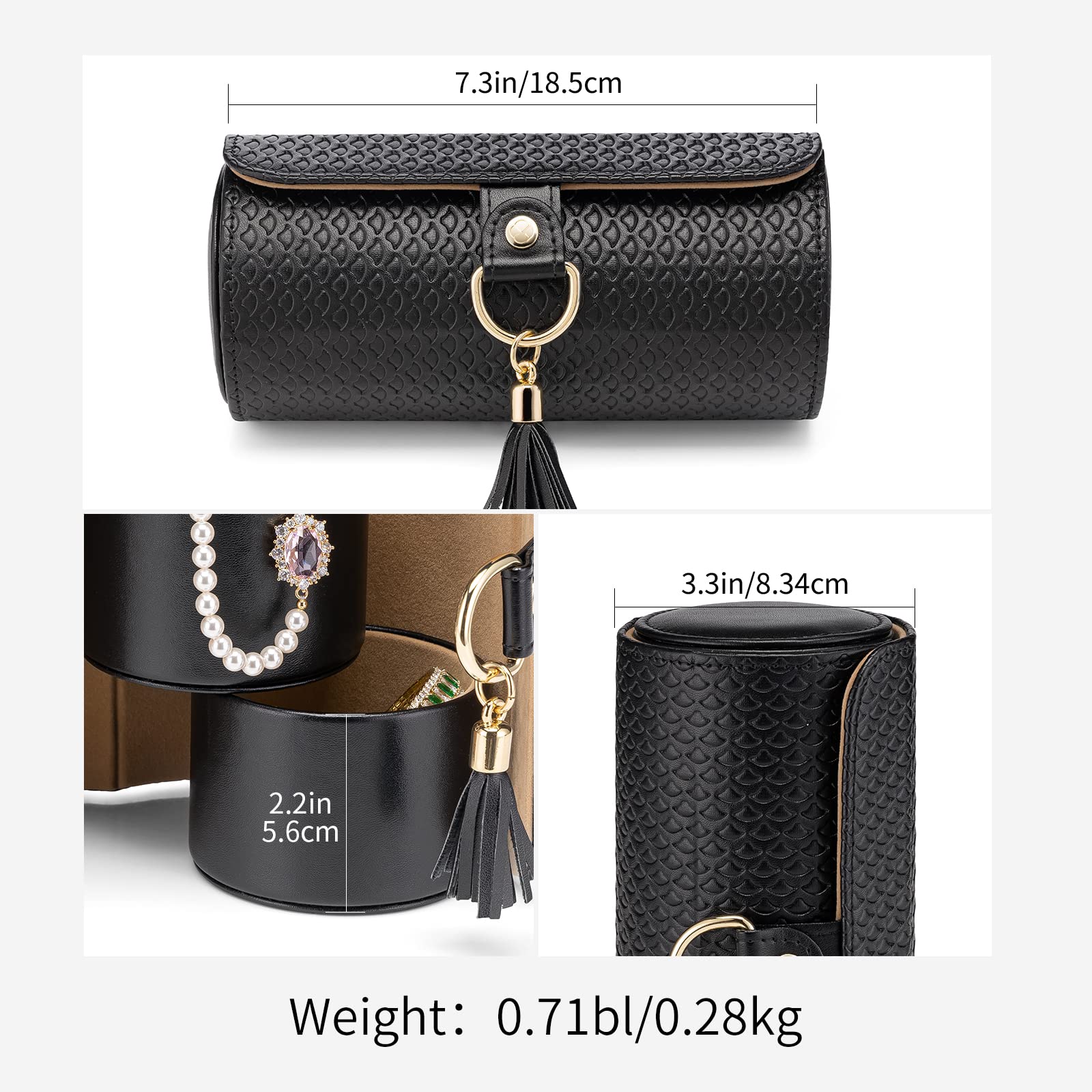 Black Travel Jewelry Case: 3-Layer PU Cylinder Organizer for Necklaces view 7