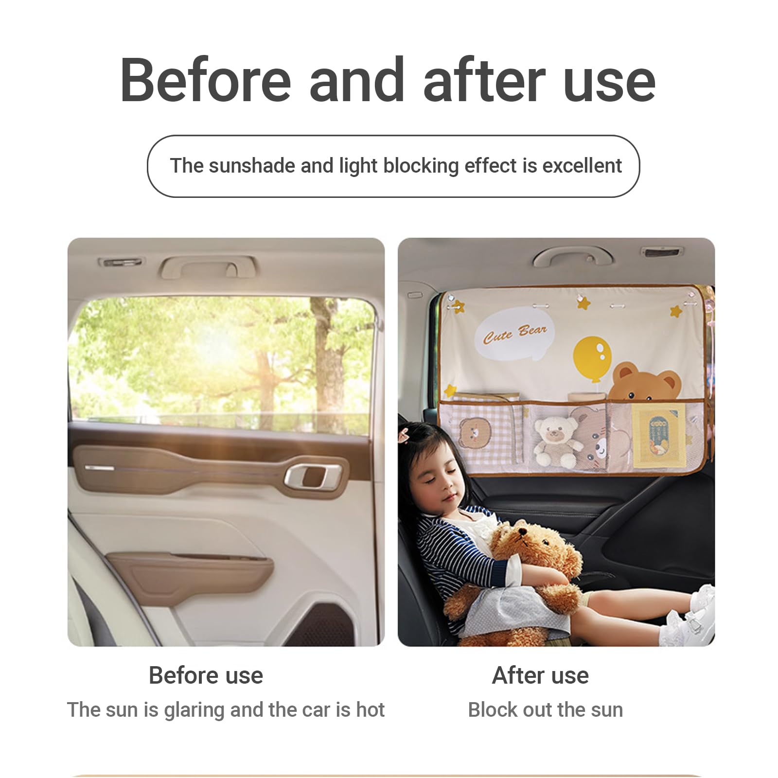 Cute Bear Car Sunshade Set of 2 – Side Window Curtain with Storage Mesh view 3