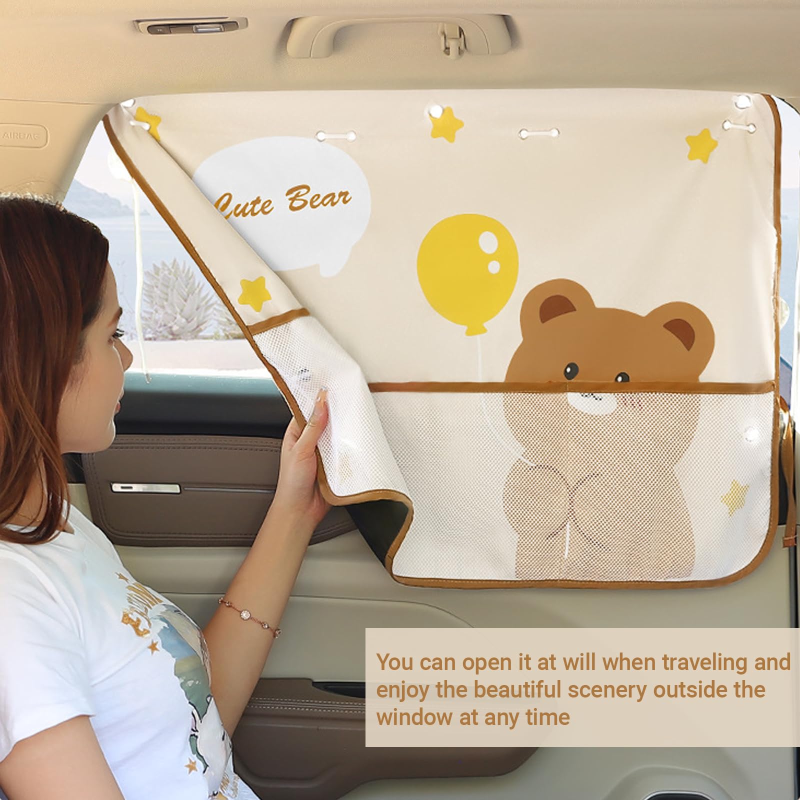 Cute Bear Car Sunshade Set of 2 – Side Window Curtain with Storage Mesh view 4