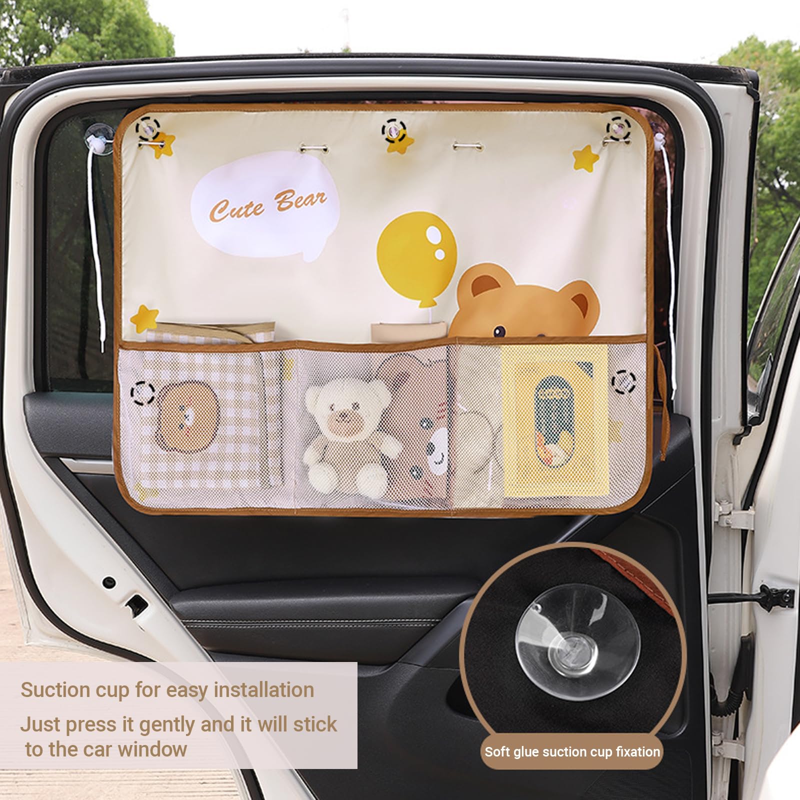 Cute Bear Car Sunshade Set of 2 – Side Window Curtain with Storage Mesh view 5