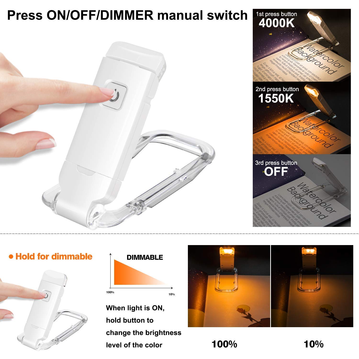 Rechargeable LED Book Light with Dimmable Warm White & Amber Modes view 3